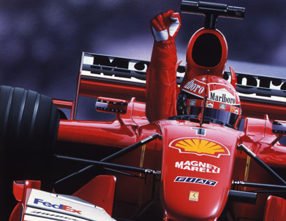 Michael Schumacher drives to his fourth World Drivers Championship title in 2001, winning by a record margin of 58 points including nine race victories. Ferrari Scuderia F2001.